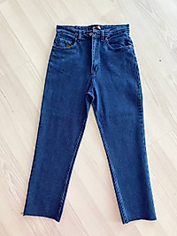 Kesik Paça Denim Pantolon Koyu Mavi