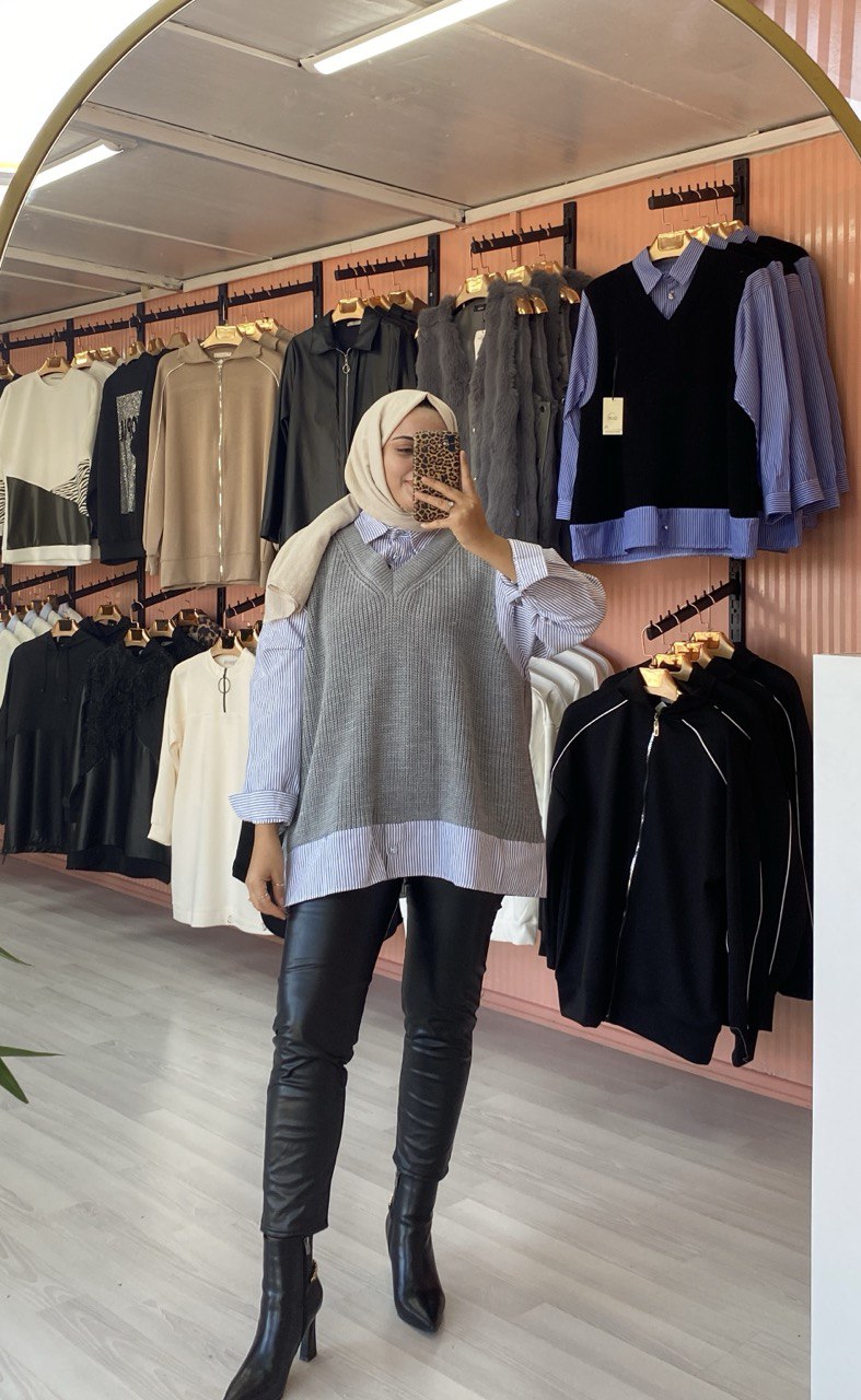 Süveterli Gömlek Gri