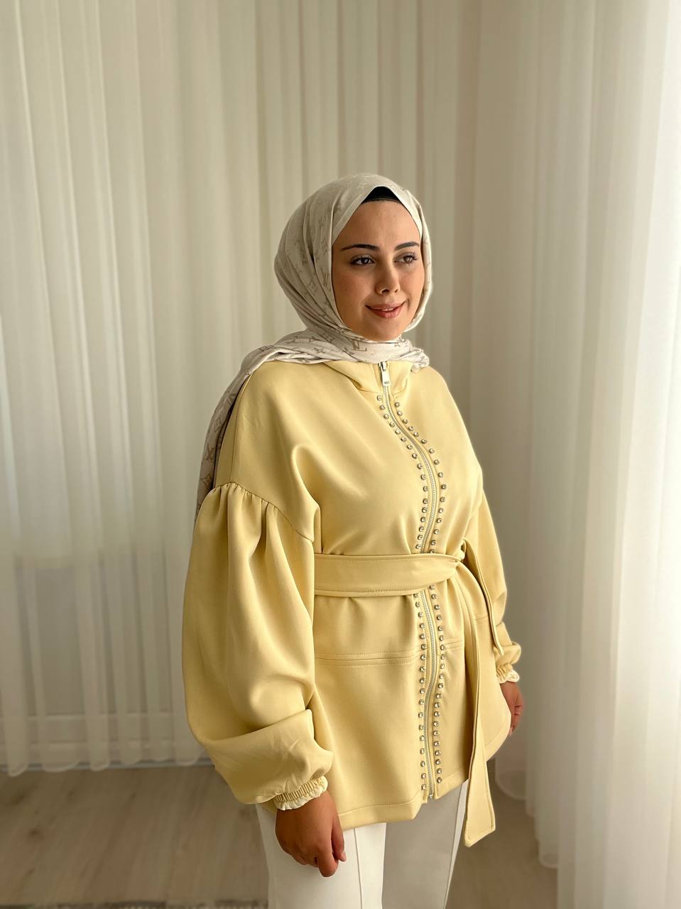 Taşlı Balon Kol Ceket - SARI