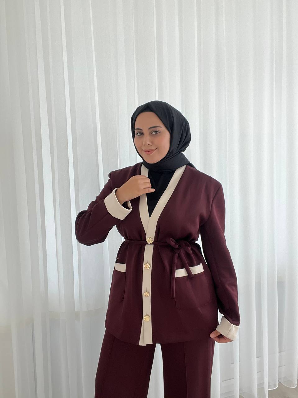 Düğmeli Scuba Takım - BORDO